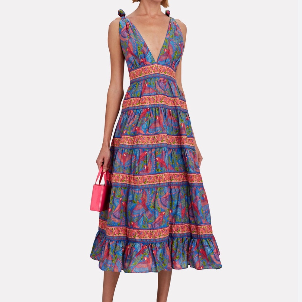 FARM RIO - Blue Macaw Tie-Shoulder Midi Dress- SMALL